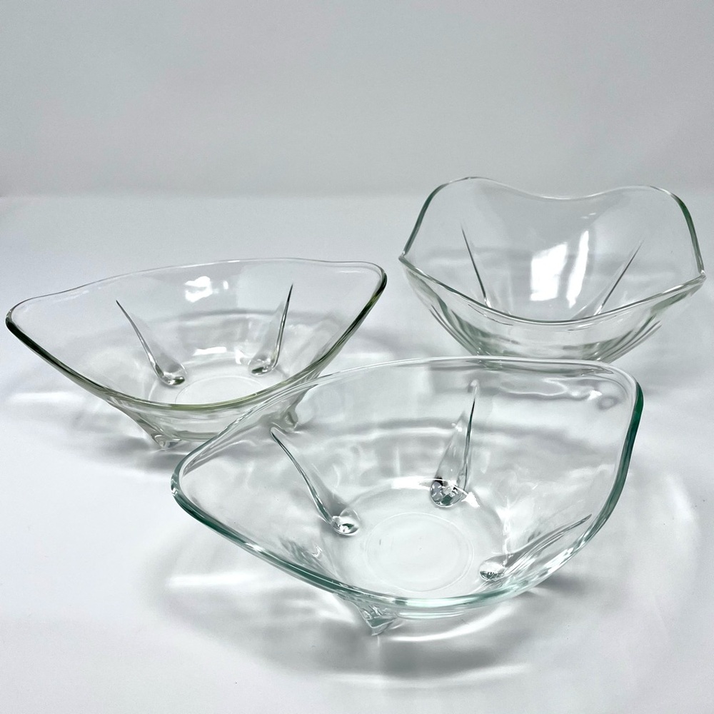 Anchor Hocking Swedish Modern Glass Bowls Teardrop Feet Mid Century Vintage
